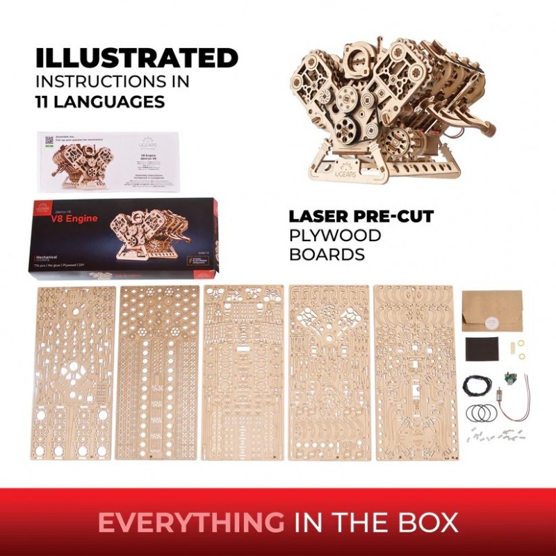 3D Пъзел Ugears Двигател V8 -3Д модел-Дърво&nbsp;